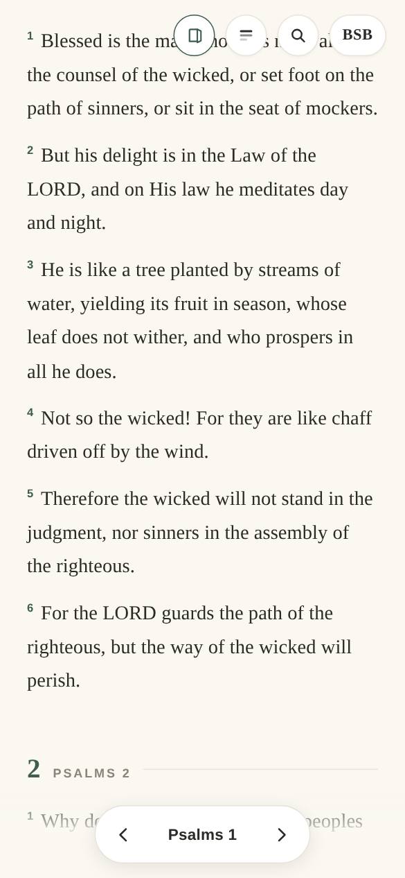 The reader in the Paper theme, Psalm 1, with the reading-plan door resting in the top bar