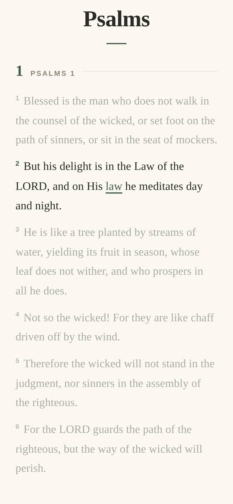 Hyper focus on the same verse: the word law gently underlined as the thumb walks the verse word by word.