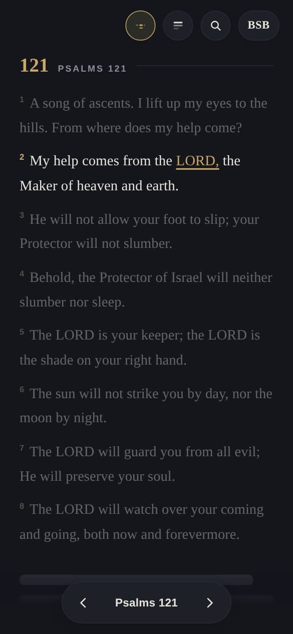 The reader at dusk: Psalm 121 with one word gently underlined as a thumb scrubs through the verse word by word
