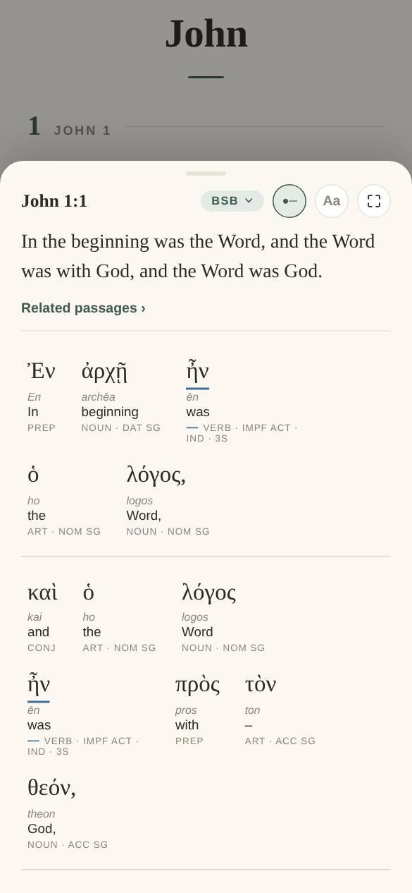 The John 1:1 study sheet in the app: each Greek word shown with its transliteration, English gloss, and grammar label, above a Related passages link.