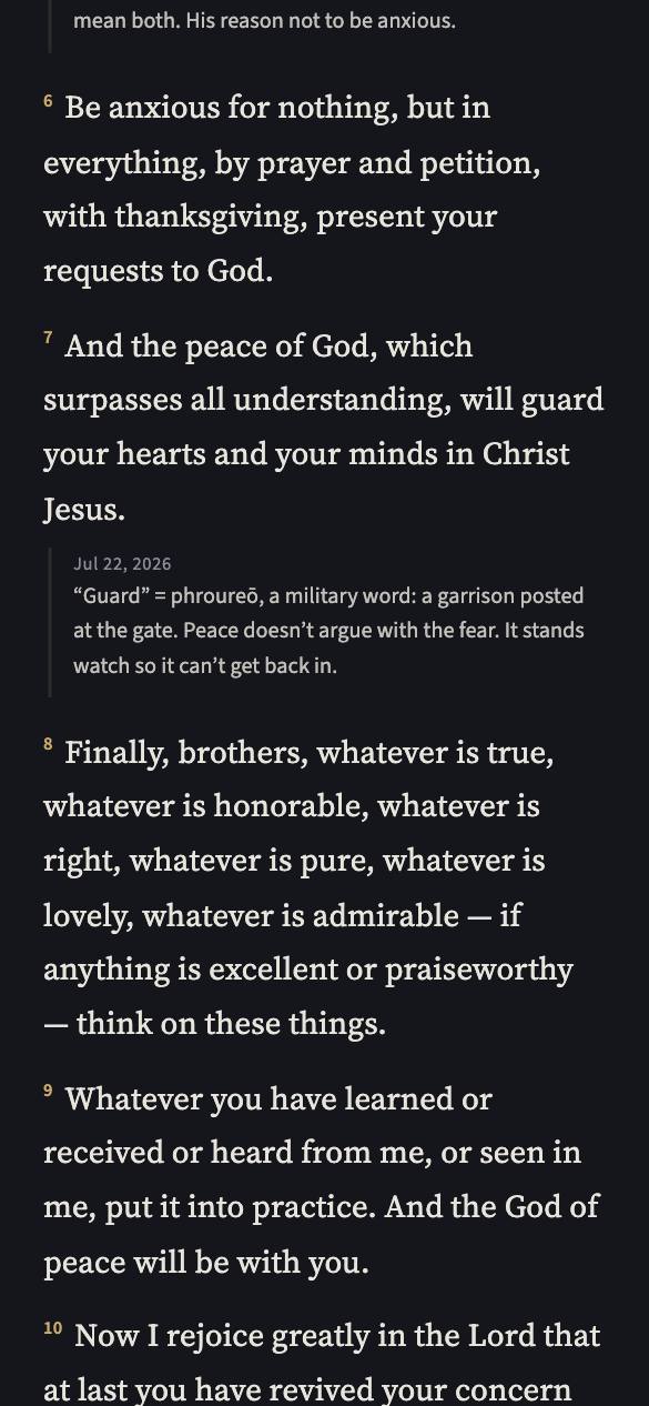 The wide-margin Bible in the dark Dusk theme: Philippians 4, with the reader's own dated word-study note on 'guard' interleaved beneath verse 7, behind a soft margin rule