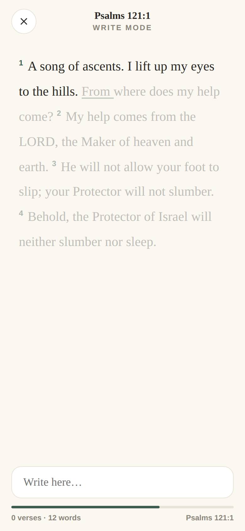 Mid-session: most of verse 1 stands solid, the current word underlined, the rest of the psalm still faint.