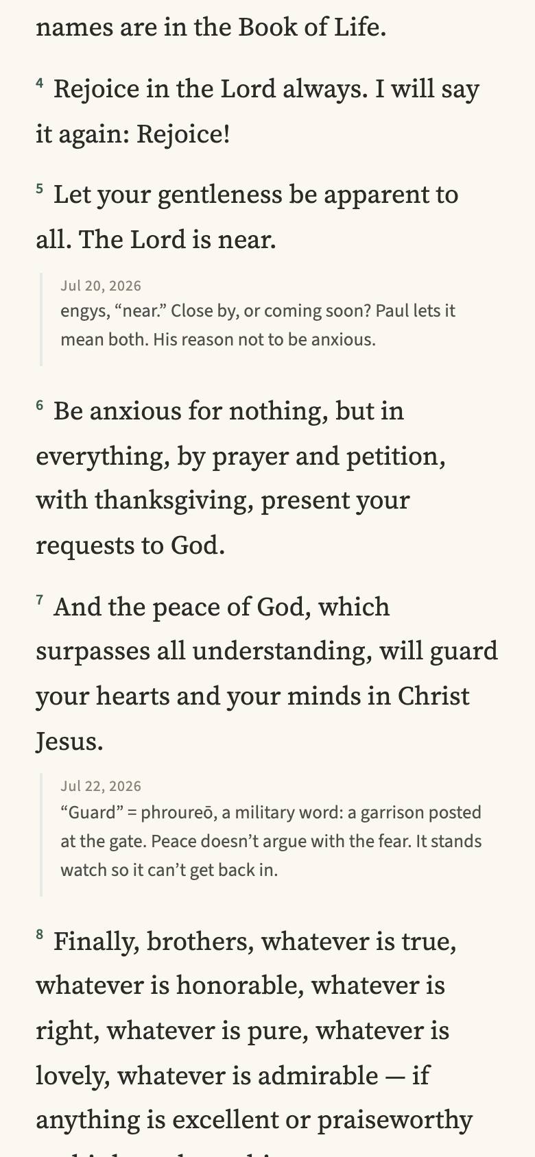 The wide-margin Bible in the app: Philippians 4 on a paper page with the reader's own dated word-study notes resting beneath verses 5 and 7, behind a soft margin rule.