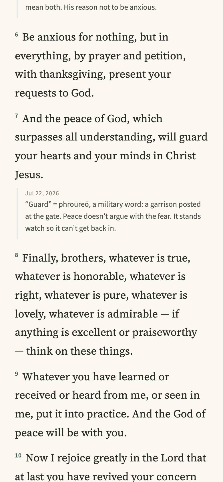 The reader with margin view on: beneath the verse about the peace of God, the reader's dated note on the word guard rests behind a soft margin rule.
