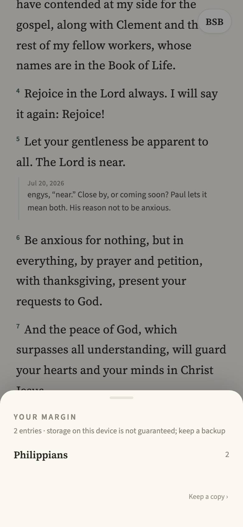 The Your Margin sheet: two entries gathered under Philippians, with a Keep a copy link and a plain note to keep a backup.